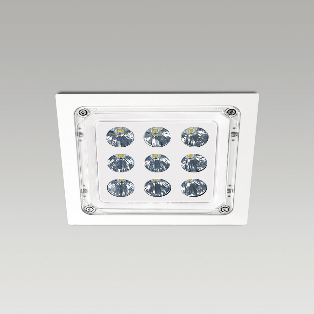 High protection degree recessed luminaires  Ceiling recessed downlight for outdoor lighting with squared design
