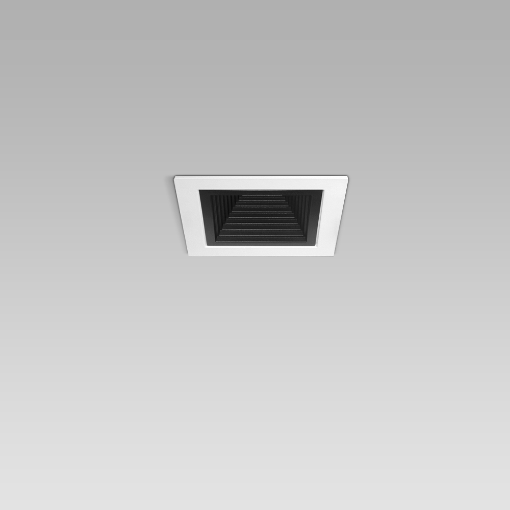 Recessed downlights  Ceiling recessed luminaire for indoor lighting with small size and elegant squared design, with black or metalized optic